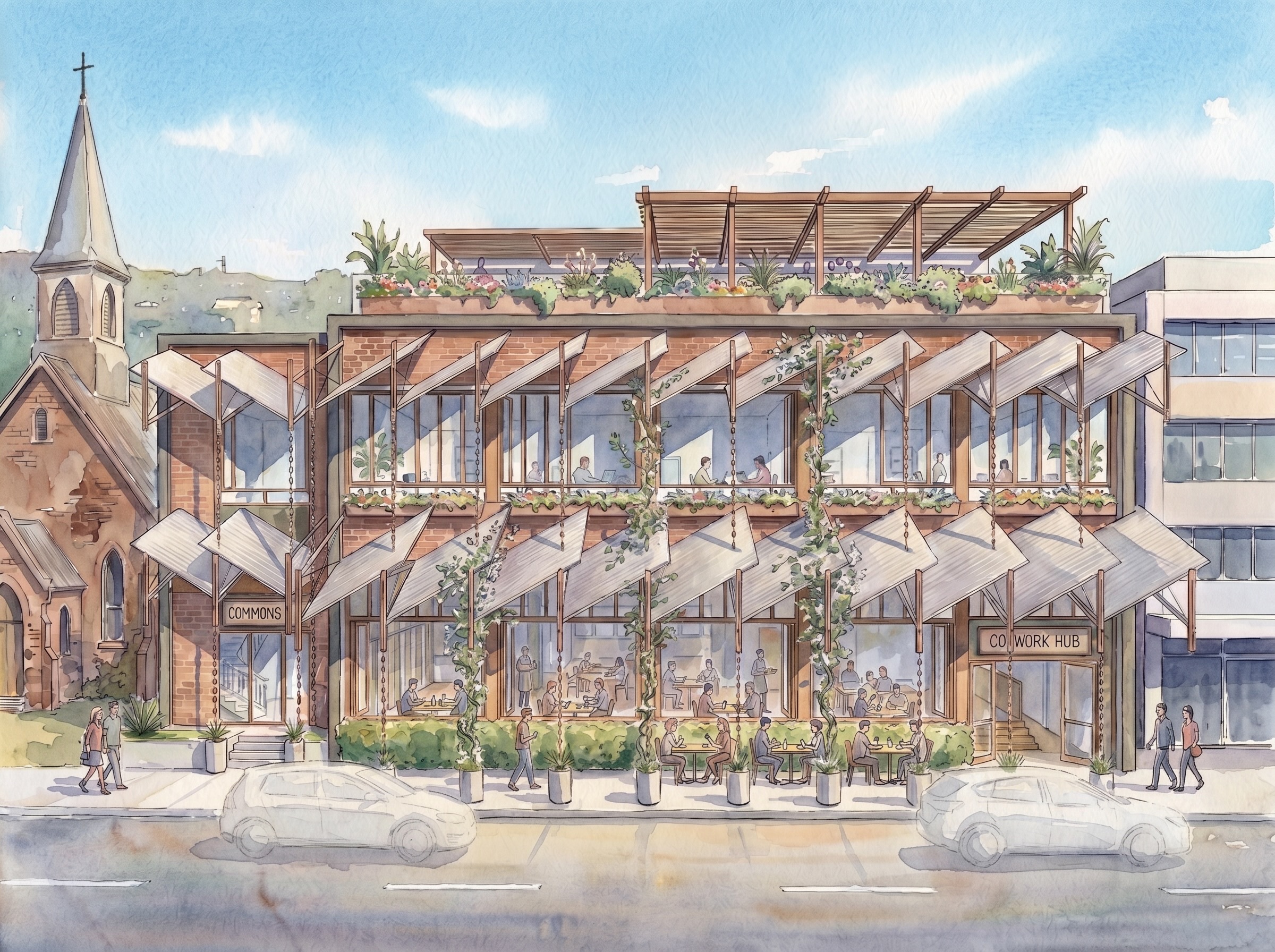 Co-working Community Centre Hub Adaptive Reuse Shading Structures Design Architecture Jiri Lev